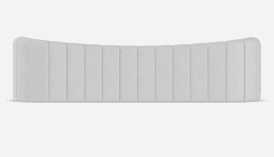 A contemporary sofa with a geometric patterned upholstery. The sofa features a low profile with rounded armrests that curve into the backrest. The seat and back cushions are integrated into a single, continuous surface. The upholstery has a repeating pattern of beige and off-white horizontal and vertical lines forming rectangular shapes. — 3D model