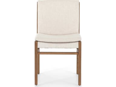A contemporary armless chair featuring a light-toned solid wood frame and upholstered seat and back in a neutral off-white fabric. — 3D model