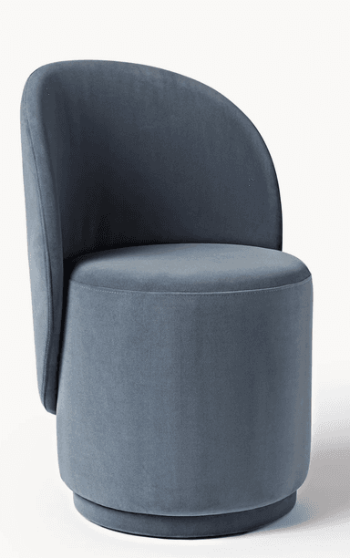An armless barrel accent chair upholstered in a soft, dusty blue velvet-like fabric. The chair features a continuous, rounded backrest that flows into the seat, and a cylindrical base, creating a cohesive and minimalist silhouette. — 3D model