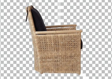 A woven armchair with a high back, featuring a square seat cushion and a rectangular back cushion. The frame and seat base are constructed from woven natural fibers, exhibiting a basketweave pattern. The armrests are curved and made from a similar woven material. The cushions are upholstered in a dark fabric, contrasting with the natural tone of the woven frame. — 3D model