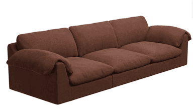 A three-seater sofa with plush cushions and rounded armrests. The sofa has a low profile and appears to be upholstered in a soft fabric. The color is a uniform medium brown. — 3D model