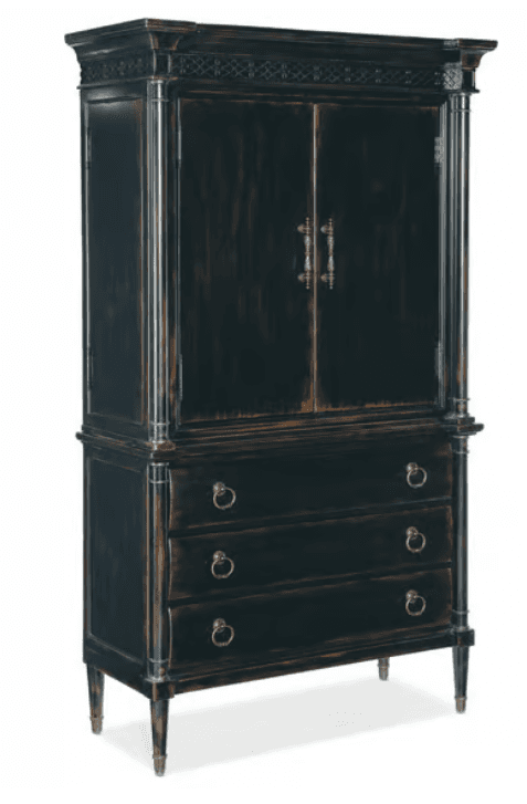 A tall, dark wood armoire with two doors on the upper section and three drawers on the lower section. The armoire features decorative molding at the top, fluted columns on the sides of the upper section, and ring-pull hardware on the drawers. The finish appears distressed, with lighter wood tones showing through the dark paint, suggesting an antique or distressed style. It stands on four tapered legs. — 3D model