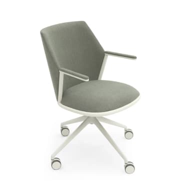A modern office chair featuring grey fabric upholstery, a minimalist white frame with integrated armrests, and a five-star swivel base with casters. — 3D model