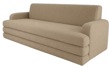 A three-seater sofa upholstered in a textured, light brown fabric. The sofa features a clean-lined design with rounded armrests and a distinct stacked cushion appearance on the seat. The backrest is a single, continuous surface, and the overall construction suggests a modern aesthetic. — 3D model