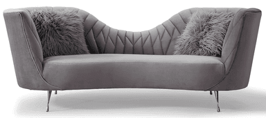 A grey velvet sofa with a distinctive wavy backrest featuring diamond-pattern tufting and a supportive lumbar curve. It has two plush, grey faux fur accent pillows and slender, chrome-finished legs. The design suggests a modern, glamorous aesthetic. — 3D model