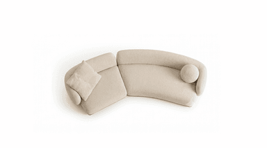 A two-piece modular sectional sofa upholstered in cream boucle fabric, featuring soft, rounded forms and resting on a dark wooden plinth base. One section includes a loose back cushion, and the other has a cylindrical bolster cushion. — 3D model