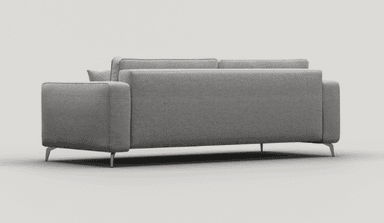 A modern sofa viewed from the rear-side. It features a tailored upholstery in a textured grey fabric, with clean lines and blocky armrests. The sofa is supported by slim, angled metal legs, indicating a contemporary design aesthetic. — 3D model