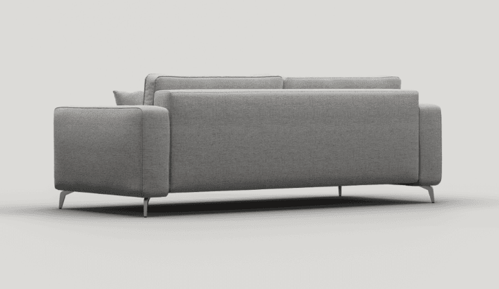 A modern sofa viewed from the rear-side. It features a tailored upholstery in a textured grey fabric, with clean lines and blocky armrests. The sofa is supported by slim, angled metal legs, indicating a contemporary design aesthetic. — 3D model