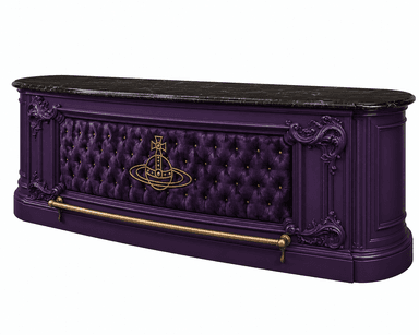 An ornate bar counter featuring a deep purple lacquered finish, a polished black marble countertop, and a central diamond-tufted velvet panel adorned with a golden Vivienne Westwood orb logo. The counter includes intricate carved details and a brass footrest rail. — 3D model