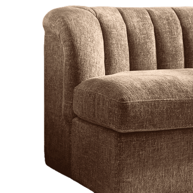 An L-shaped modular sectional sofa featuring channel tufting on the backrest and upholstered in a light beige, textured fabric. The sofa rests on a dark wood plinth base. — 3D model