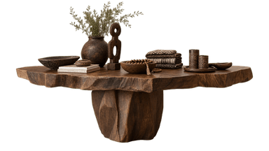 A low-profile coffee table featuring a thick, organic live-edge wood slab tabletop supported by a sculptural, carved wooden base. The table exhibits natural imperfections, cracks, and rich wood grain, contributing to its rustic and organic aesthetic. The dark brown wood has a matte finish. — 3D model