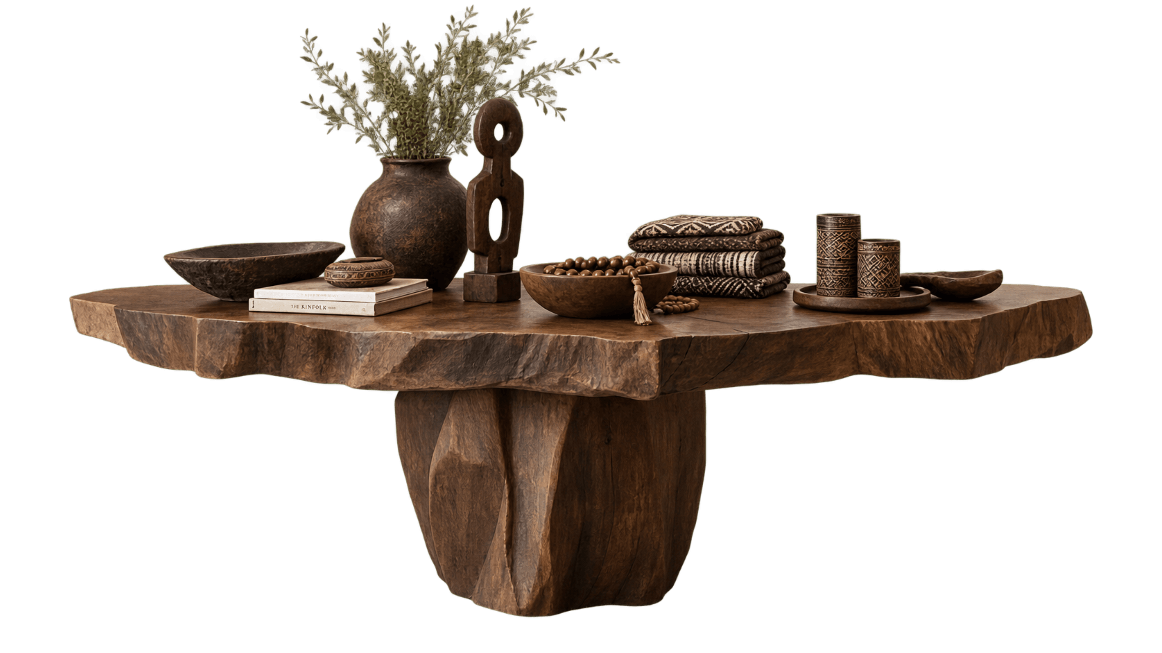 A low-profile coffee table featuring a thick, organic live-edge wood slab tabletop supported by a sculptural, carved wooden base. The table exhibits natural imperfections, cracks, and rich wood grain, contributing to its rustic and organic aesthetic. The dark brown wood has a matte finish. — 3D model