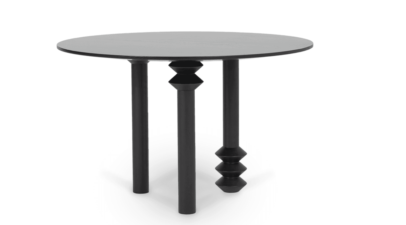 A round, dark-colored end table with three legs. The legs are cylindrical with decorative, stacked spherical elements near the base. The tabletop appears to be made of wood with a visible grain pattern. — 3D model