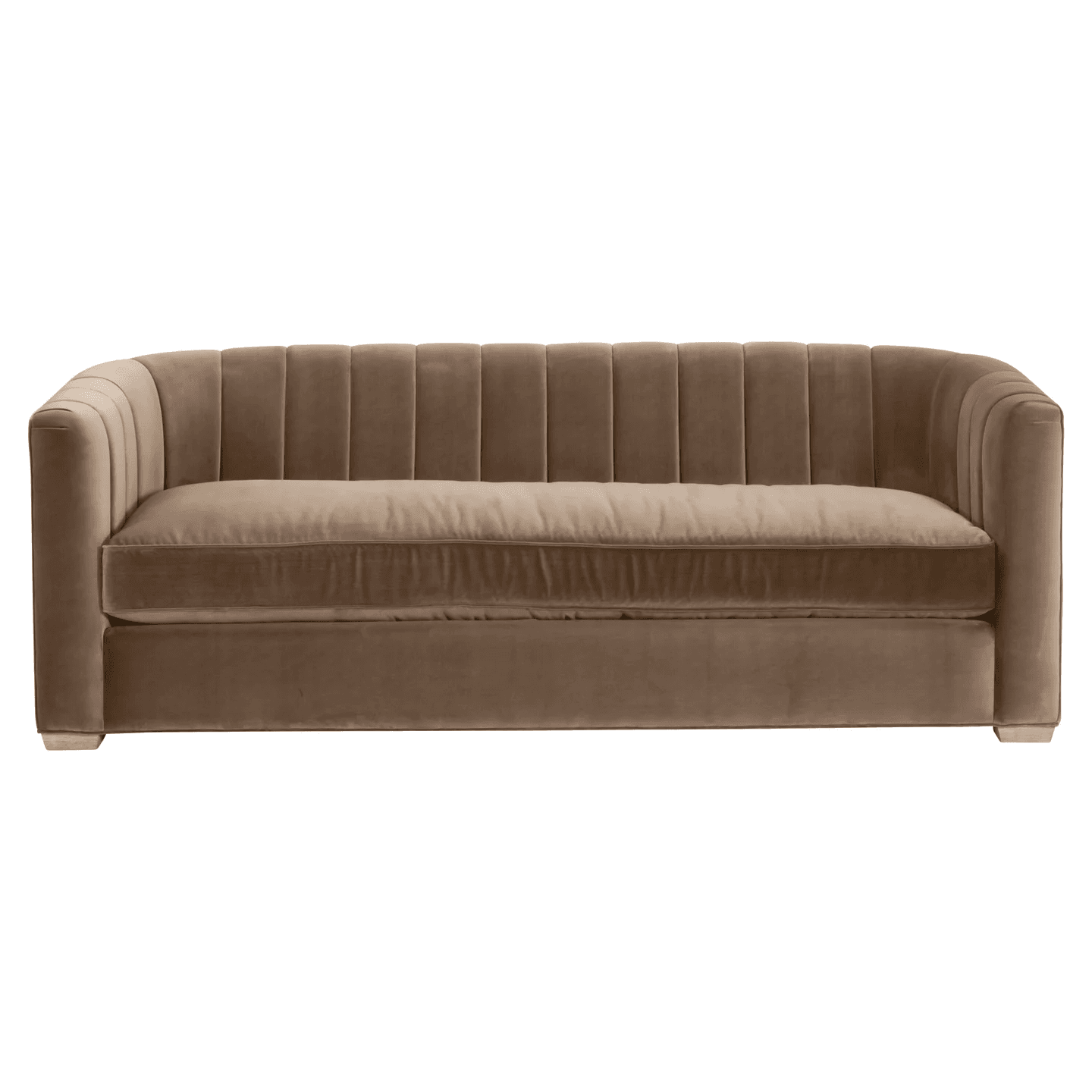 A contemporary three-seater sofa upholstered in a luxurious taupe velvet fabric, featuring vertical channel tufting along the backrest and curved arms. The sofa is designed with a single, long seat cushion and rests on a subtle, recessed plinth base. — 3D model