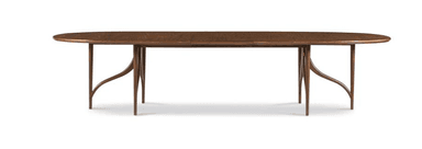 An oval-shaped dining table with a dark wood finish. The table features a segmented top and is supported by two sets of slender, curved legs. The design of the legs is minimalist and appears to be made from bentwood or a similar material. The overall aesthetic suggests a modern or mid-century design. — 3D model