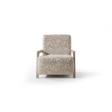 A single armchair with a high back and upholstered seat and backrest. The frame and armrests appear to be made of wood or a wood-like material. The upholstery features a geometric pattern in a light neutral tone with darker lines. — 3D model