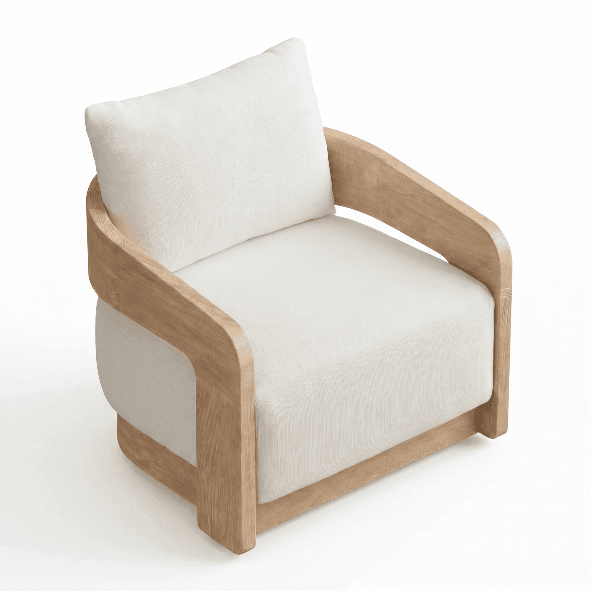 An upholstered armchair featuring a prominent light-toned wooden frame that encapsulates the seat and backrest. The frame has rounded edges and a smooth finish, suggesting a modern or organic design. The cushions are upholstered in a light, textured off-white or cream fabric, consisting of a single seat cushion and a loose back cushion. The overall aesthetic is clean and minimalist, highlighting natural materials. — 3D model