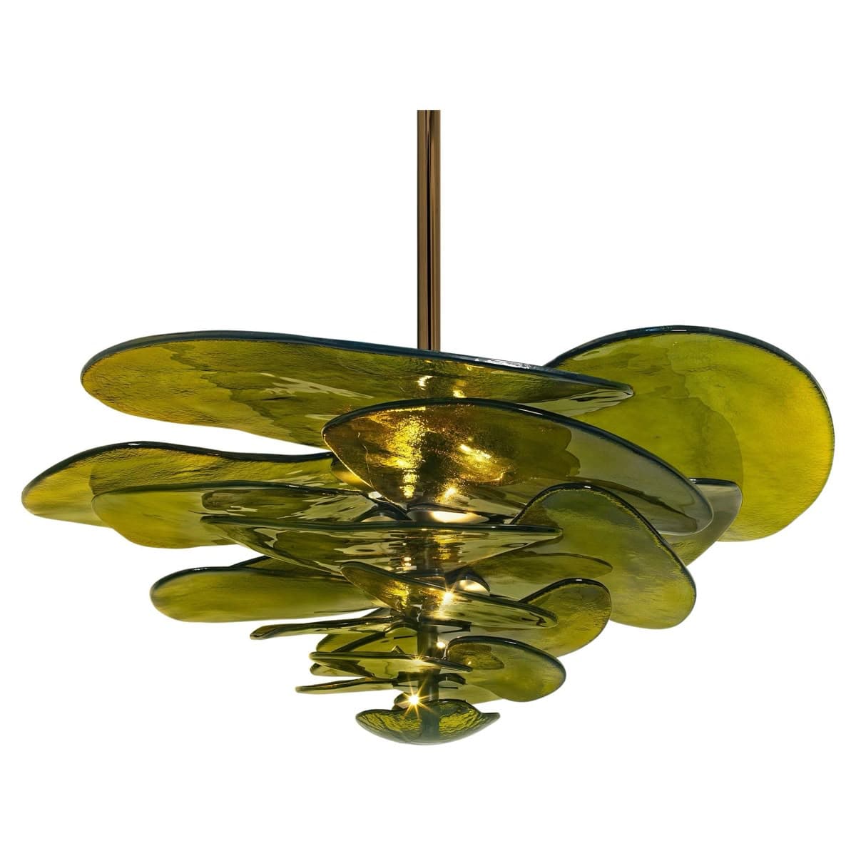A decorative chandelier with multiple layered, irregular-shaped glass elements suspended from a central brass-colored stem. The glass elements are translucent and appear to be hand-blown, with organic, flowing forms resembling petals or leaves. They are arranged in a cascading manner, creating a voluminous and artistic lighting fixture. The overall aesthetic is modern and sculptural. — 3D model
