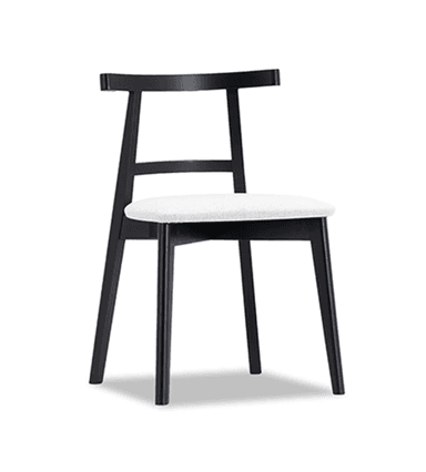 A modern chair with a black wooden frame and a white upholstered seat. The chair features a curved backrest supported by two vertical posts and a horizontal connecting piece. The seat is rectangular and cushioned, covered in a light-colored fabric. The legs are slender and angled outwards, providing stability. — 3D model