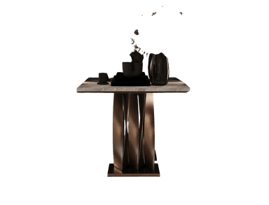 A square-topped side table with a marble surface and a distinctive, abstract pedestal base. The base consists of multiple metallic, twisted panels that converge towards the center, supported by a flat, rectangular metallic plinth. — 3D model