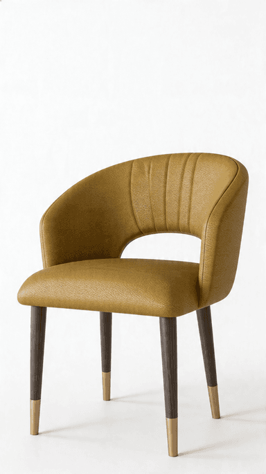 A modern accent chair with a curved backrest and seat, featuring vertical tufting on the back. The chair has four tapered wooden legs that are capped with brass-colored ferrules at the base. — 3D model
