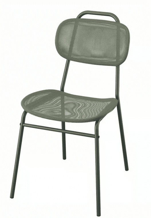 An armless contemporary dining chair featuring a dark green finish. The chair has a tubular metal frame, with the seat and backrest constructed from a matching dark green mesh fabric. The backrest is slightly curved and includes an integrated handle-like element at the top. — 3D model