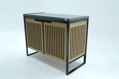 A modern cabinet with a dark, speckled composite countertop, a black metal frame, and two slatted light wood sliding doors. The interior features shelves for storage. The design is minimalist and contemporary, with a strong emphasis on clean lines and mixed materials. — 3D model