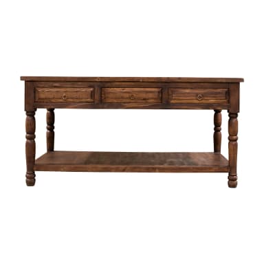 A dark wooden console table with three drawers on the front panel and a lower shelf. The table features turned legs with a bulbous design. Each drawer has a circular metal pull. The wood grain is visible, suggesting a natural finish. — 3D model