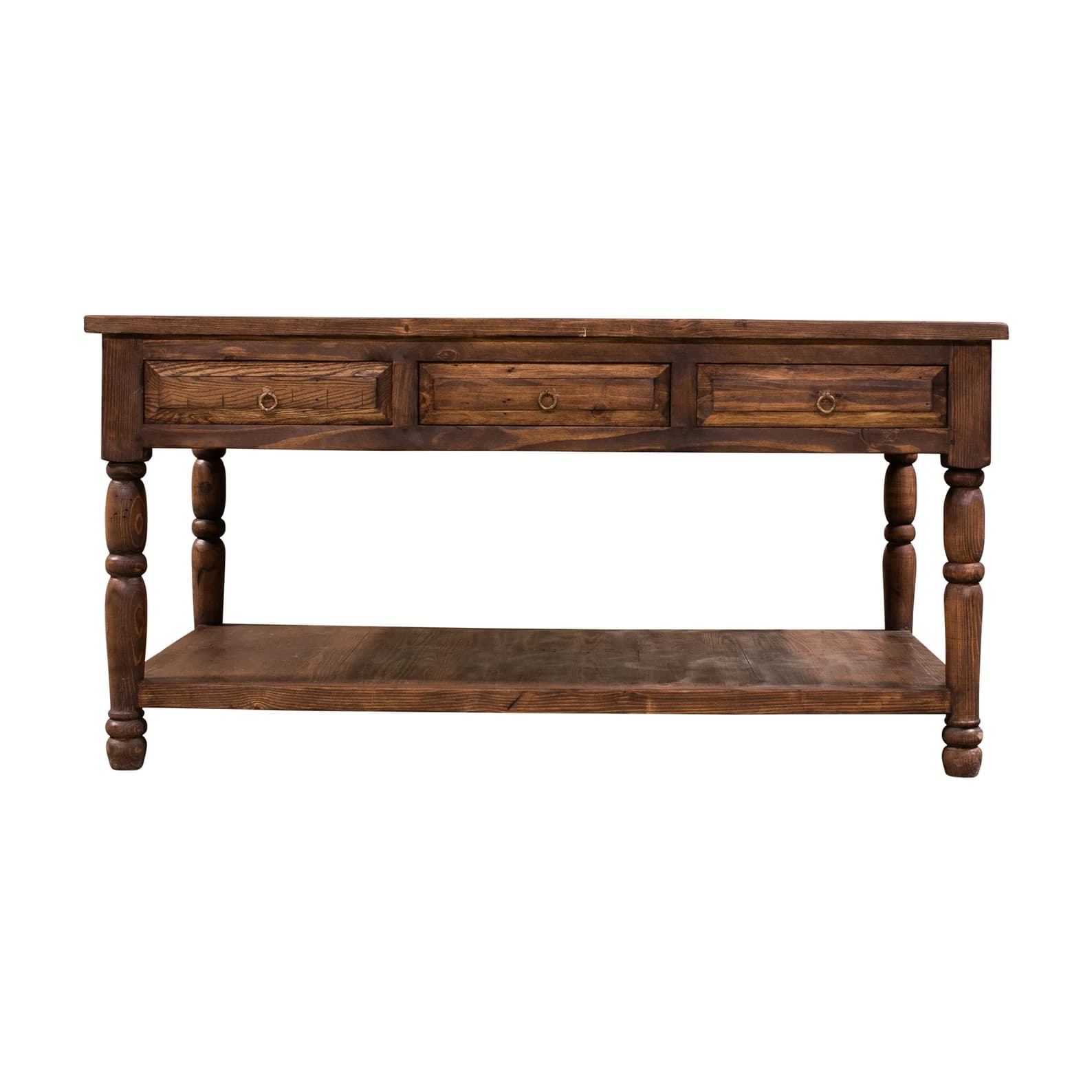A dark wooden console table with three drawers on the front panel and a lower shelf. The table features turned legs with a bulbous design. Each drawer has a circular metal pull. The wood grain is visible, suggesting a natural finish. — 3D model