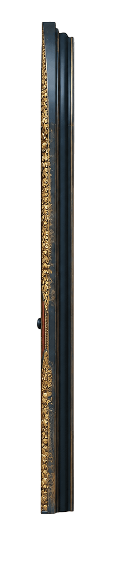 A highly ornate, arched wooden door featuring extensive gold-painted carvings against a dark blue background. The carvings depict intricate floral motifs and, near the bottom, stylized mythical creatures with red and black accents. The door has a central vertical beam with a brass-colored handle and a lock mechanism. The entire structure is framed by the heavy, dimensional carving. — 3D model