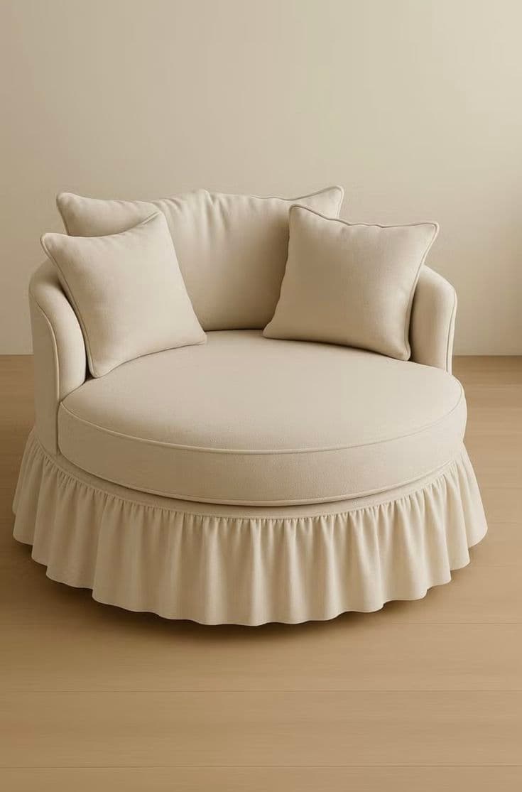 A round, generously proportioned upholstered lounge chair featuring a soft, neutral-toned fabric. The chair has a deep, circular seat cushion and is accompanied by multiple plush back cushions. Its base is fully covered by a tailored, pleated skirt, suggesting a swivel mechanism beneath. The overall design emphasizes comfort and a relaxed aesthetic. — 3D model