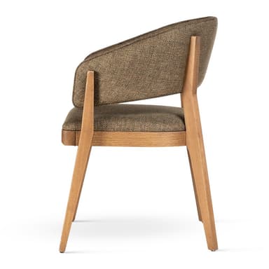 An upholstered armchair featuring a solid wood frame and legs, with a curved backrest that seamlessly integrates into the armrests. The seat and back are covered in a textured brown fabric. — 3D model