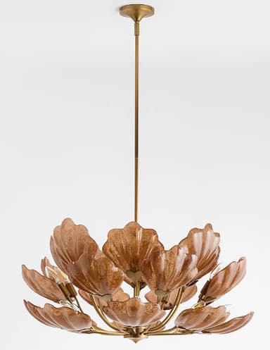 A sophisticated chandelier featuring a brass frame and multiple tiers of amber-colored, textured glass shades shaped like flower petals. It is suspended from a brass rod and canopy, providing a warm and elegant lighting fixture. — 3D model