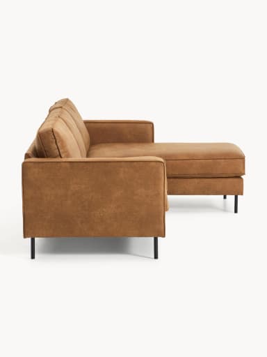 A sectional sofa with a chaise lounge extension. The sofa features a clean, modern design with a low profile and square arms. It is upholstered in a brown material that resembles leather and is supported by slim, black metal legs. — 3D model