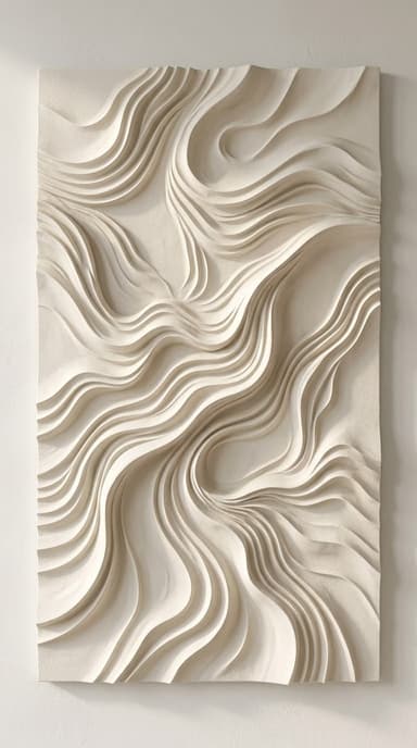 A rectangular framed wall art piece featuring a deeply sculpted, undulating relief pattern in a monochromatic cream or off-white color. The three-dimensional surface creates a dynamic, wavy texture within the simple, thin frame. — 3D model