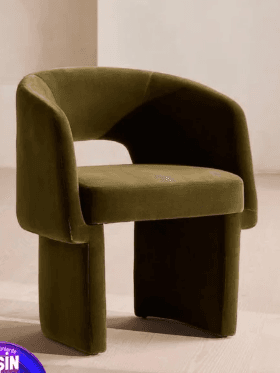 An olive green upholstered armchair featuring a contemporary design with a rounded, barrel-shaped backrest and integrated armrests. The chair is supported by two distinct, sculptural, slab-like legs that form a stable and visually unique base. — 3D model