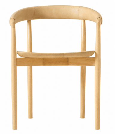 A modern armchair featuring a light-toned solid wood frame and a bentwood backrest wrapped in natural-colored leather. The seat is a subtly scooped wooden panel. The chair has four tapered, round legs, presenting a clean and minimalist aesthetic. — 3D model
