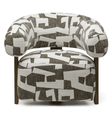 An upholstered barrel-back accent chair featuring a continuous rounded back and arms. The chair is covered in a textured fabric with a striking geometric abstract pattern in off-white and dark brown/gray. It is supported by visible, square-profile dark wood legs at the sides and back, presenting a modern and distinctive aesthetic. — 3D model