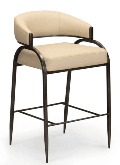A contemporary bar stool featuring a beige upholstered seat and backrest with integrated armrests, set on a dark bronze or grey metal frame. The stool includes footrest bars for comfort and appears to have a swivel mechanism. The design is sleek and minimalist. — 3D model
