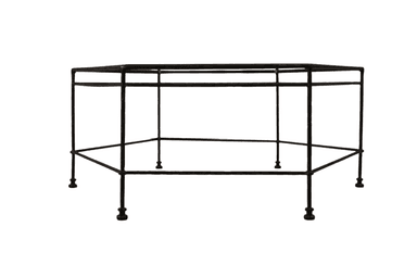 A black, hexagonal metal frame designed as a table base, featuring slender, interconnected rods forming the structure and six small feet at the bottom. It appears to be made of wrought iron. — 3D model