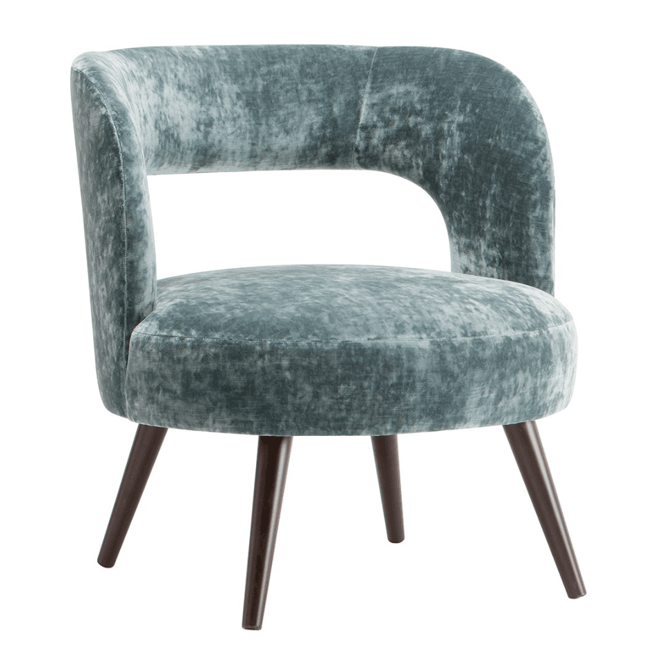 A velvet accent chair with a curved back and a round seat, supported by four tapered wooden legs. — 3D model