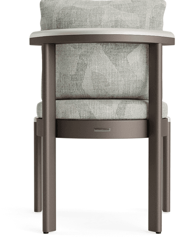 A contemporary armchair featuring a robust, angular metal frame in a dark bronze finish, complemented by plush, removable upholstered seat and back cushions. The fabric has a light green and beige geometric pattern. The armrests are integrated into the frame, with rounded metallic end caps. — 3D model
