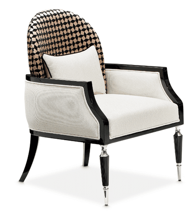 A contemporary barrel-back accent chair featuring a glossy black lacquered wood frame and striking geometric patterned upholstery. The chair's back and sides are encased in a lighter, solid-colored fabric, while the inner backrest cushion boasts a bold black and beige rhomboid pattern. The legs are tapered, finished in black lacquer, and fitted with metallic silver caps. — 3D model