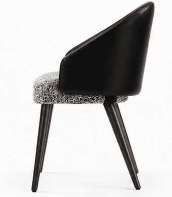 A contemporary upholstered armchair featuring a black, smoothly curved backrest and integrated armrests. The seat cushion is upholstered in a contrasting white and gray patterned fabric. The chair is supported by four dark, tapered wooden legs, lending it a sleek and modern appearance. — 3D model