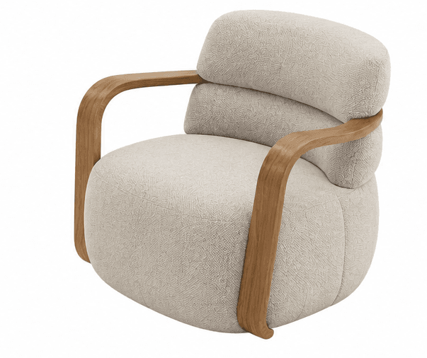 A contemporary armchair featuring a rounded, plush upholstered body in a light beige textured fabric, complemented by external, curved bentwood armrests. — 3D model