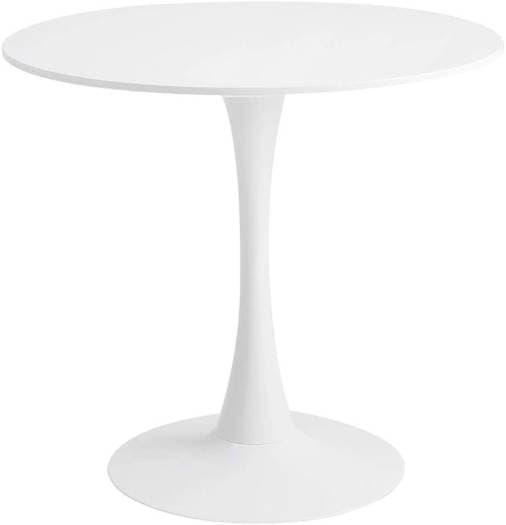 A minimalist white table with a round top supported by a single, central pedestal base that flares out towards the floor. — 3D model