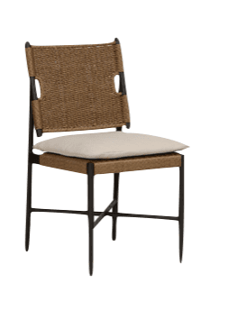 A modern dining chair with a woven seat and back, supported by a dark metal frame. It features a removable cushion on the seat for added comfort. The backrest has cutout handles for easy maneuverability. — 3D model