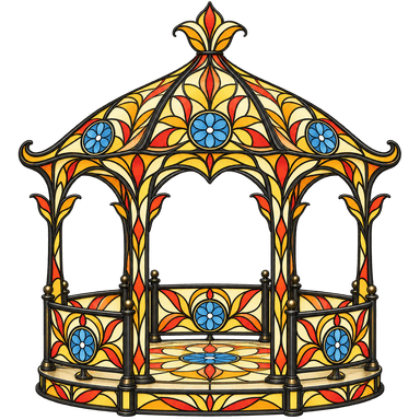 An intricately designed gazebo featuring a domed, multi-tiered roof and walls constructed from vibrant stained glass panels. The structure is supported by slender black metal columns and includes a raised base and balustrade also adorned with stained glass. The patterns showcase rich autumnal colors like reds, oranges, and yellows, accented by prominent blue floral motifs. — 3D model