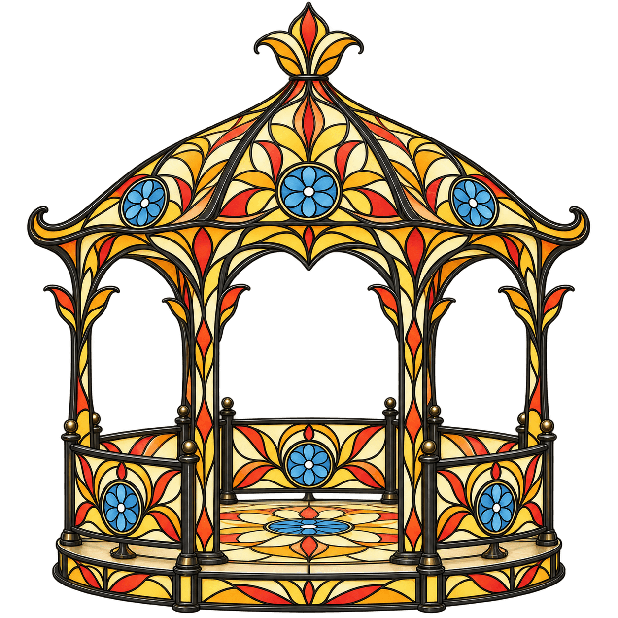 An intricately designed gazebo featuring a domed, multi-tiered roof and walls constructed from vibrant stained glass panels. The structure is supported by slender black metal columns and includes a raised base and balustrade also adorned with stained glass. The patterns showcase rich autumnal colors like reds, oranges, and yellows, accented by prominent blue floral motifs. — 3D model