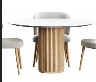 A modern round dining table featuring a white tabletop and a fluted natural wood pedestal base. The base is cylindrical with vertical fluting and rests on a slightly wider, circular plinth. — 3D model